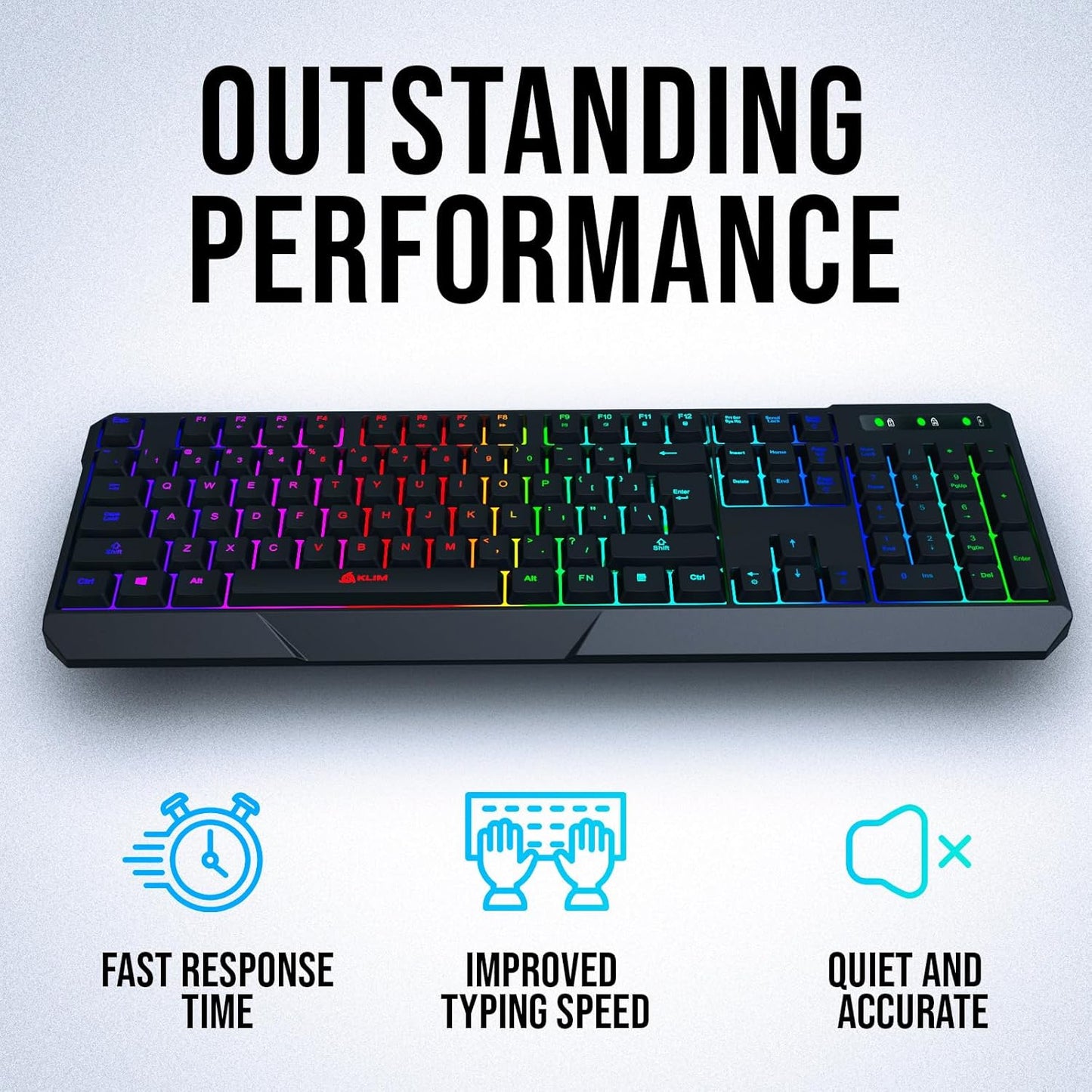 KLIM  Chroma Wireless Gaming Keyboard RGB New - Long-Lasting Rechargeable Battery - Quick and Quiet Typing - Water Resistant Backlit Wireless Keyboard for PC PS5 PS4 Mac - Black