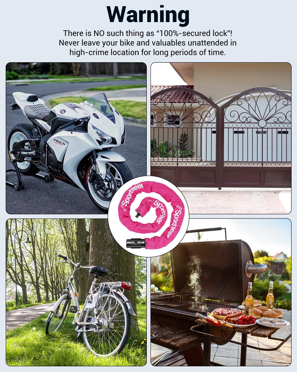 Sportneer Bike Lock Anti-Theft Bicycle Chain Lock Heavy Duty 0.32inch/8mm Thicker Motocycle Lock High Security with 2 Keys for Bike, Scooter, Moto, Door, Gate Fence
