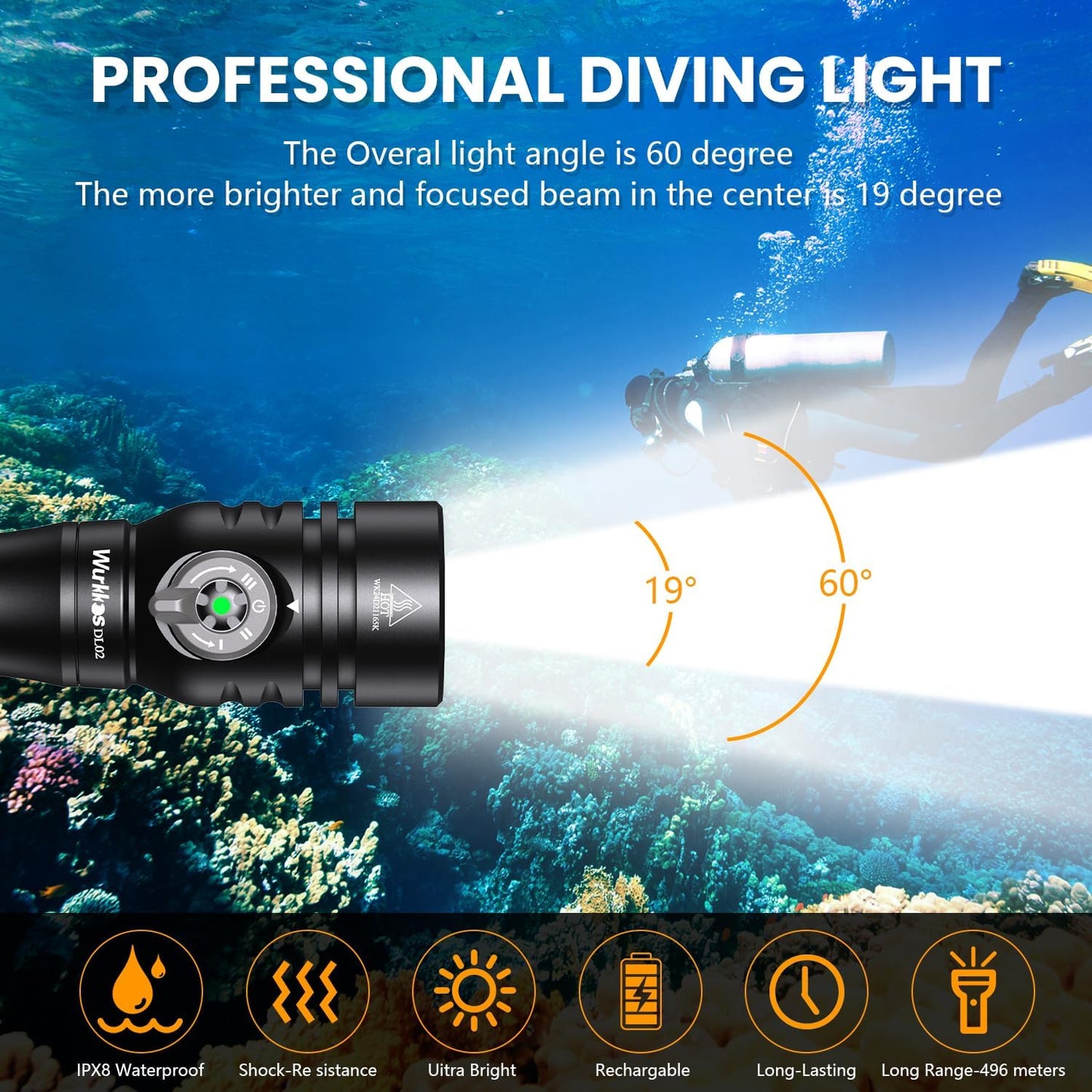 Wurkkos DL02 Scuba Diving Flashlight, Max 3000Lumen, 496M Long Range, 100M Underwater, Power Indicator, 3 Lighting Modes, Submarine Light for Deep Sea Cave