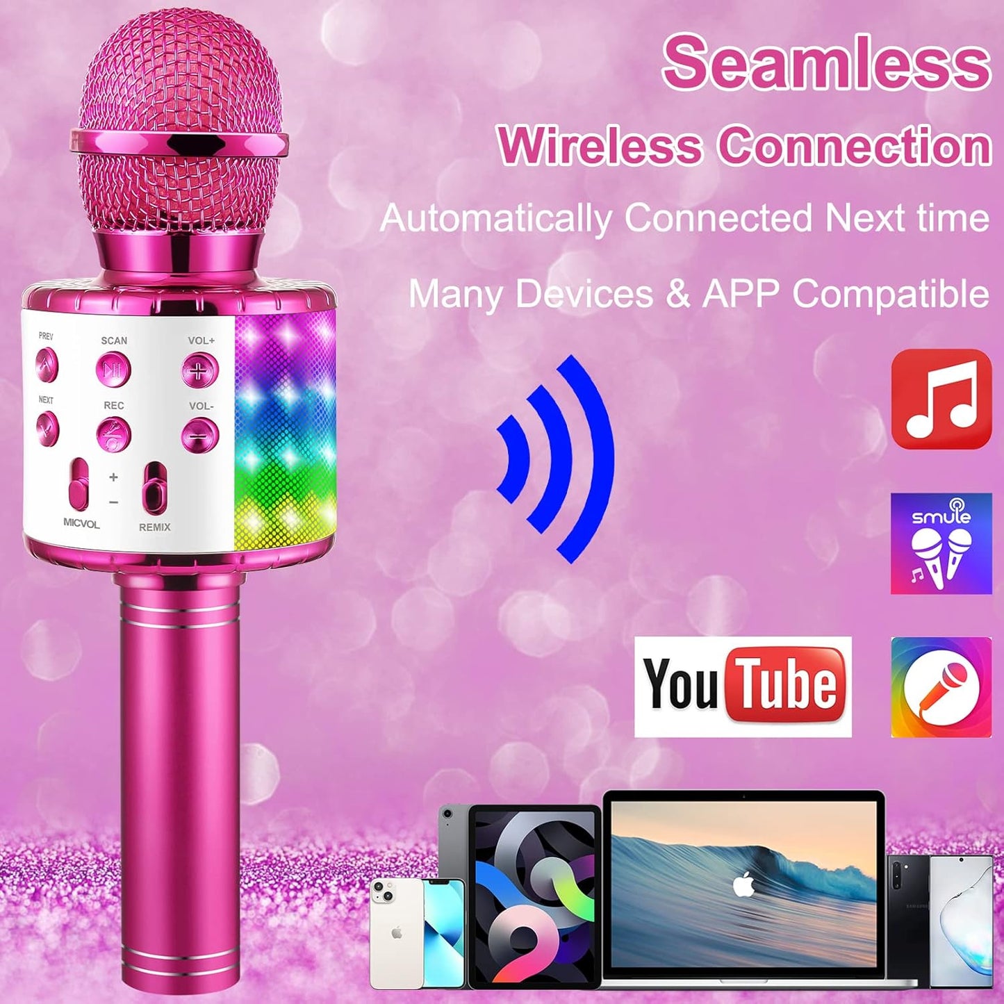 Portable Kids Bluetooth Karaoke Microphone with LED Lights – Wireless Karaoke Machine for Home, Parties, and Birthdays, Voice Changer, Echo Effects, Rechargeable Speaker, Ages 4-12 - PuriLite