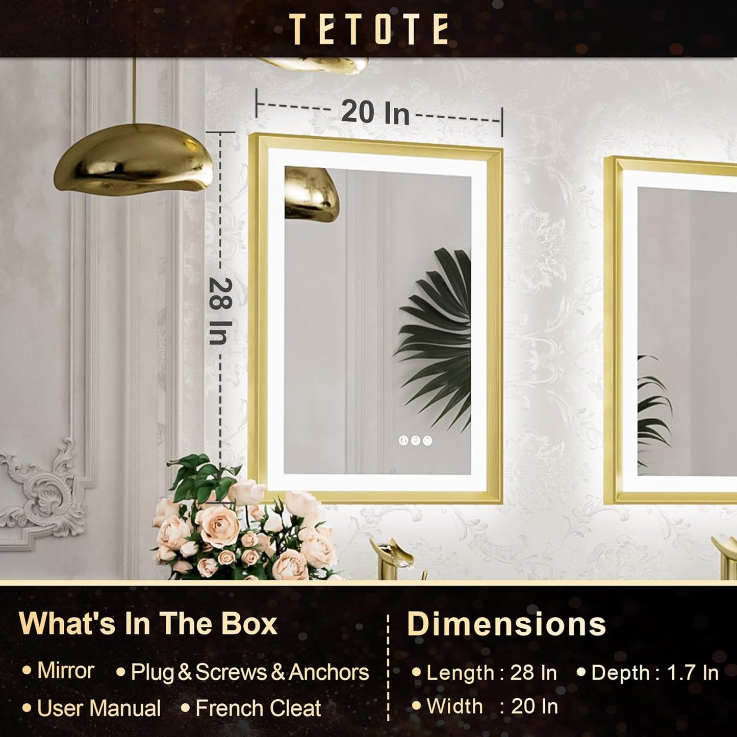 TETOTE 28x36 LED Mirror for Bathroom Black Metal Frame Frontlit & Backlit Lighted Vanity Mirror Baroque Gothic Anti Fog Stepless Dimmable White/Warm/Natural,Wall Mounted(Horizontal/Vertical)