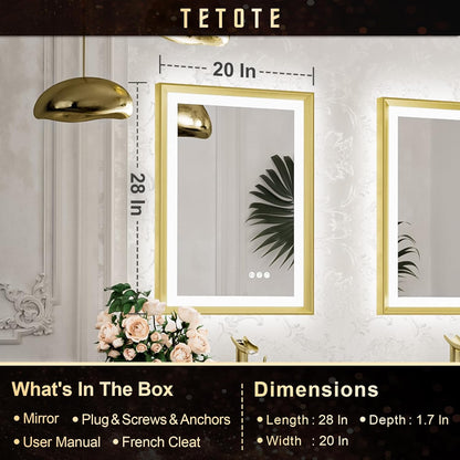 TETOTE 28x36 LED Mirror for Bathroom Black Metal Frame Frontlit & Backlit Lighted Vanity Mirror Baroque Gothic Anti Fog Stepless Dimmable White/Warm/Natural,Wall Mounted(Horizontal/Vertical)