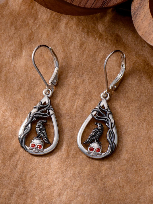 Lypic Crow Skull Earrings 925 Sterling Silver Raven Leverback Earrings Spooky Gothic Halloween Witchy Jewelry for Women Daughter, Created Zircon - PuriLite