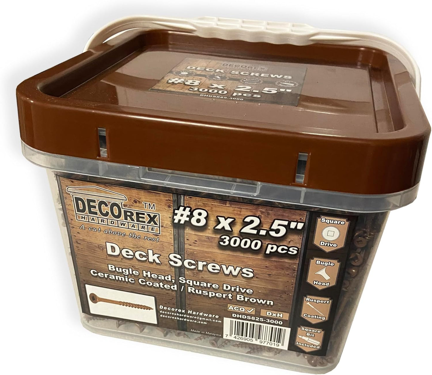 #8 x 3" Deck Screws | Square Drive | Bugle Head | Brown Ruspert | 100pcs Box