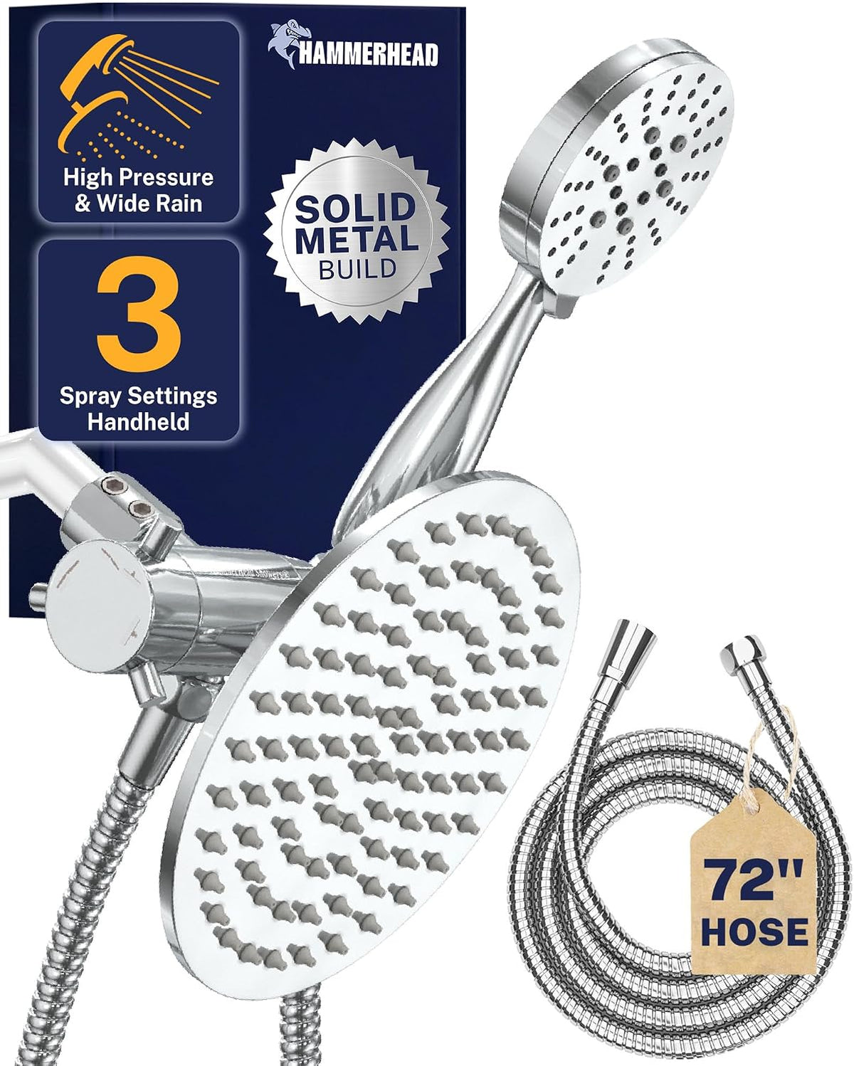 HammerHead Showers Dual Shower Head Combo, 8-Inch Rainfall & 3-Flow Handheld, Chrome, 2.5 GPM