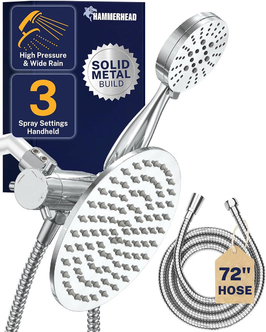 HammerHead Showers Dual Shower Head Combo, 8-Inch Rainfall & 3-Flow Handheld, Chrome, 2.5 GPM