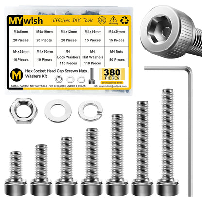 Mywish 900Pcs Metric Screw Assortment, M3 M4 M5 M6 Screw Assortment Kit 304 Stainless Steel Hex Socket Button Head Socket Cap Metric Screws Bolts & Flat Washers/Nuts/Hex Wrenches 16 Sizes 8MM to 20MM