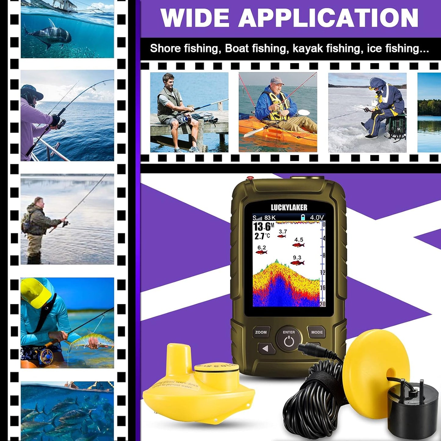 LUCKYLAKER Sensor Handheld Fish Finder Water LCD Boat Depth Finder Display Transducer Wireless Waterproof Fish Finders Transducer Fishing Gift