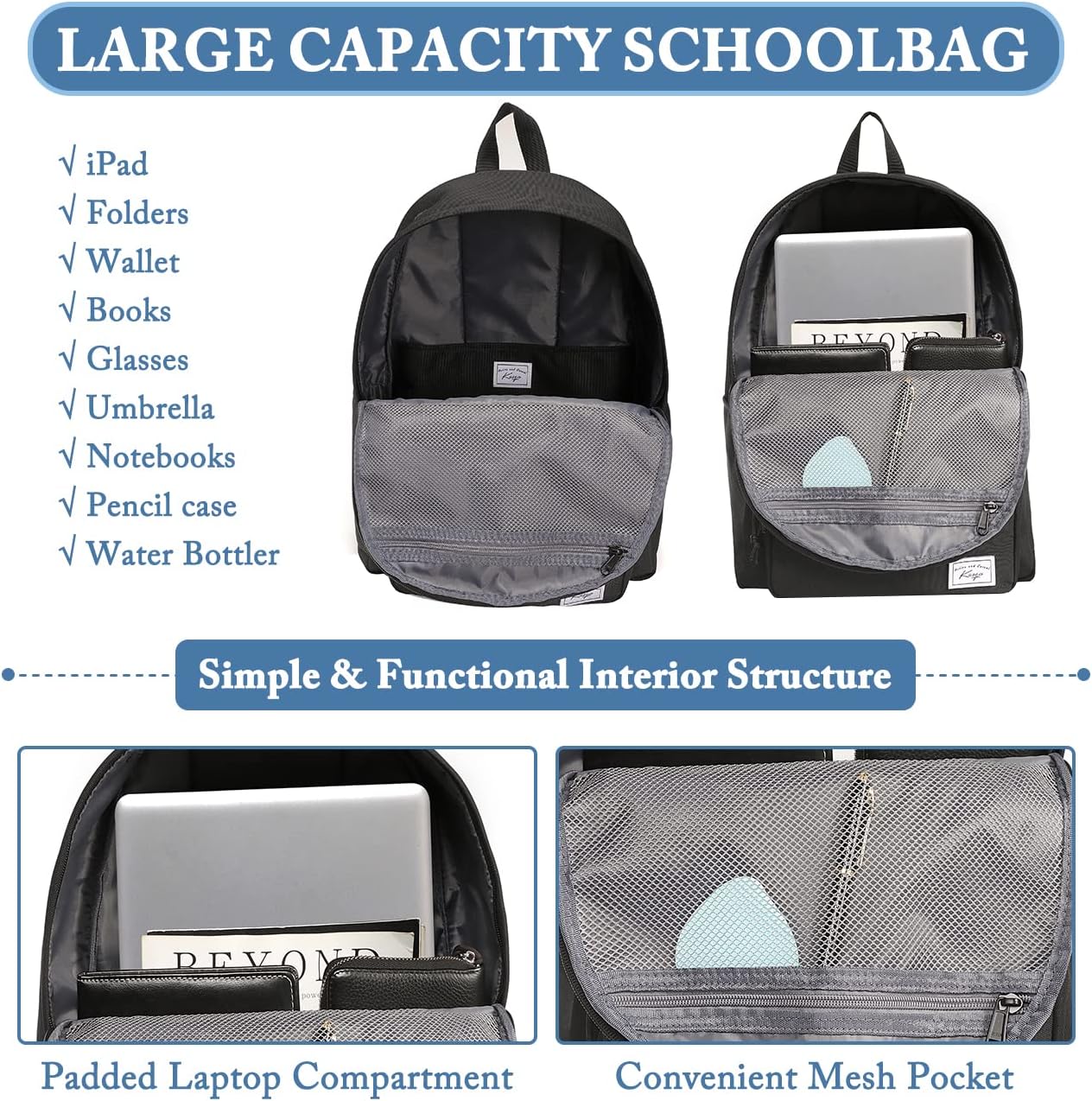 School Backpack, Kasqo 15.6 Inch Classic Lightweight Water-Resistant Backpack for Men Women Teens Girls Boys Kids to School, College, Travel, Work, Black