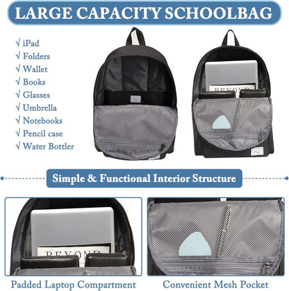 School Backpack, Kasqo 15.6 Inch Classic Lightweight Water-Resistant Backpack for Men Women Teens Girls Boys Kids to School, College, Travel, Work, Black