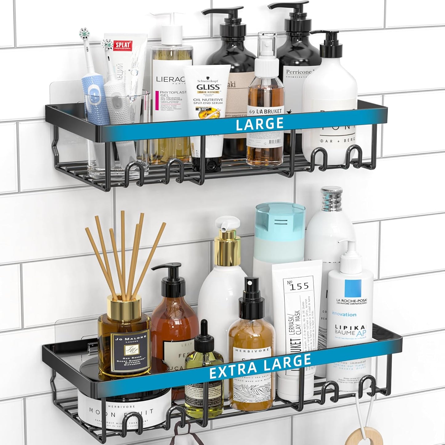 Moforoco Shower Caddy Shelf Organizer Rack, Self Adhesive Black Bathroom Shelves Basket, Home Farmhouse Wall Shower Inside Organization and Storage Decor Rv Accessories, First Apartment Essentials
