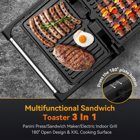 YASHE Panini Grill Press, 1200 W Sandwich Maker, Panini Maker with Non-Stick Coated Cast Aluminum Plates, Fits 2 Slices of Bread, 180-Degree Opening, Easy to Clean,Versatile Use - PuriLite