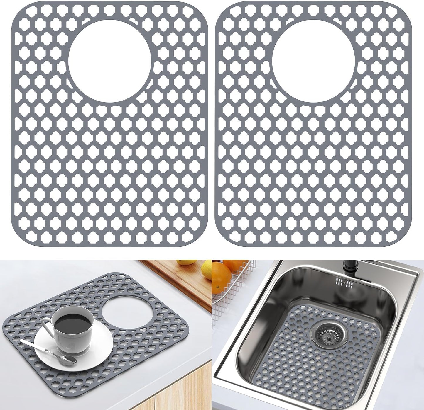 BEHOK 2 Pack Silicone Sink Protector for Kitchen Sink Bathroom Sink 13.58"x 11.6" Sink Mat, Non-Slip and Durable Silicone Sink Grid, Rear Drain (Gray)