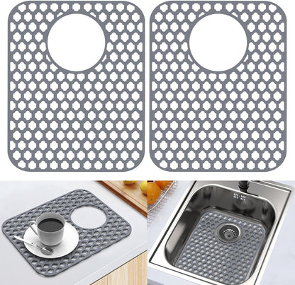 BEHOK 2 Pack Silicone Sink Protector for Kitchen Sink Bathroom Sink 13.58"x 11.6" Sink Mat, Non-Slip and Durable Silicone Sink Grid, Rear Drain (Gray)