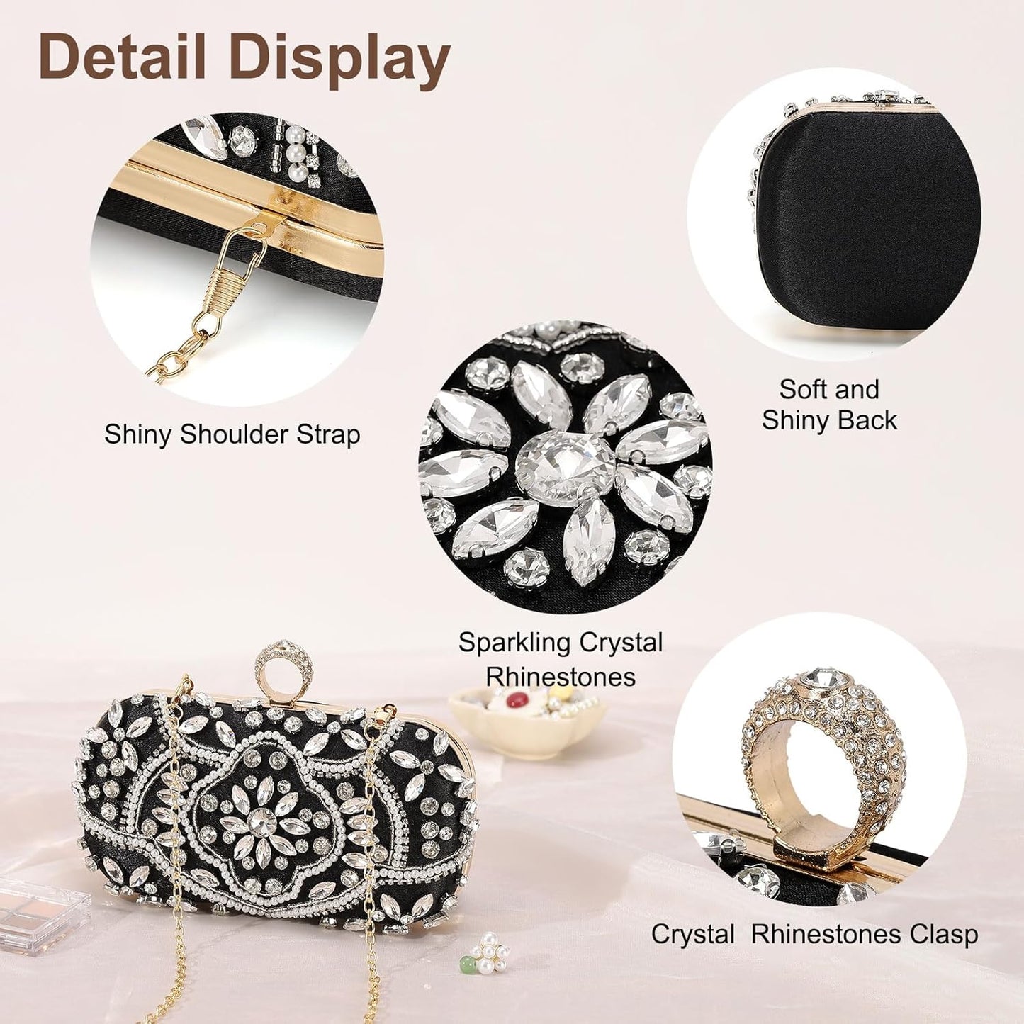 DTGN Evening Bags Clutch Purses for Women Formal, Beaded Clutch Rhinestone Handbags Shoulder Bag with Chain Sparkly