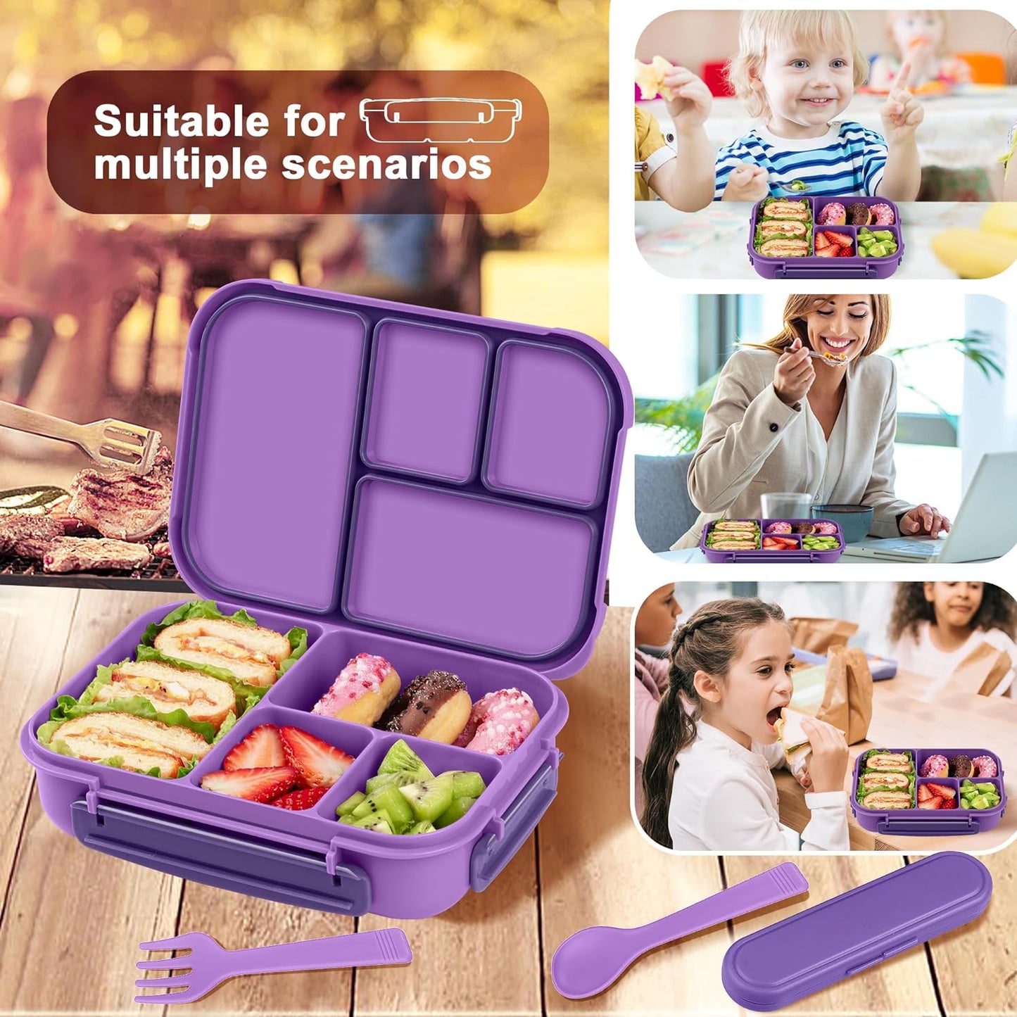 Amathley Lunch Box Kids,Bento Box Adult Lunch Box,Leakproof Lunch Containers for Adults/Kids/Toddler,1200ML-4 Compartments bento Lunch box with Utensil,Microwave & Dishwasher Safe(Dark Gray)