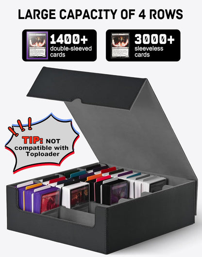 ZLCA Card Storage Box for MTG PTCG, Commander Deck Box Holds 3000+ Cards, Card Storage Case with 4 Stoppers, Card Organizer for TCG Sport Cards (Black)