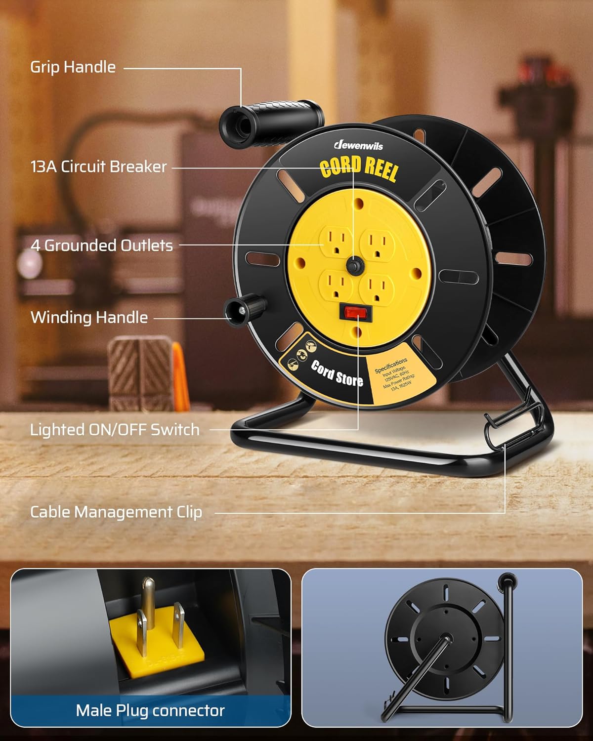 DEWENWILS Extension Cord Storage Reel with 4-Grounded Outlets, Heavy Duty Open Cord Reel for 12/3,14/3,16/3 Gauge Power Cord, Hand Wind Retractable, 10A Circuit Breaker, Rocker Power Switch