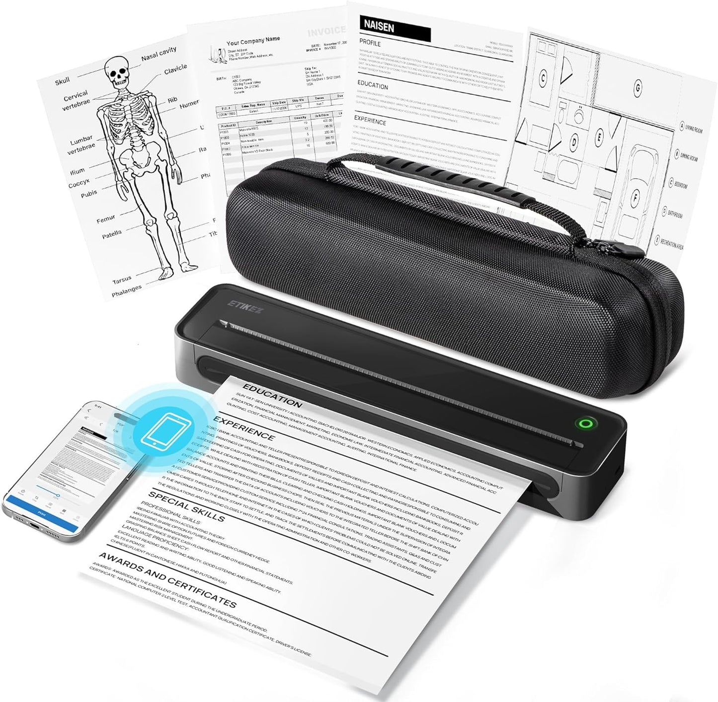 Inkless D90E Portable Thermal Printer with Case & 10 Sheets, Black | Bluetooth Wireless Printer Compatible with Phones & Laptops, Supports 8.5" x 11" & A4, Back to School Supplies for Teachers
