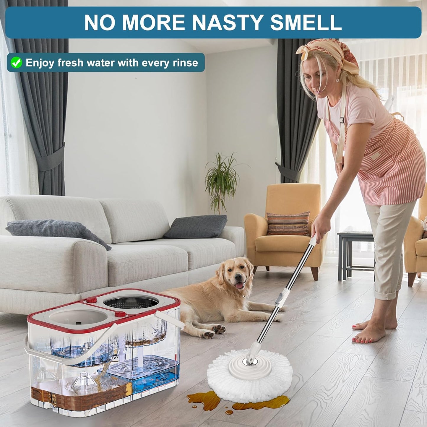 RinseWise Spin Mop and Bucket Separate Clean and DirtyWater, Mop and Bucket with Wringer Set, 4-Chamber Commercial Spinning Mopping Bucket Cleaning Supplies with 8 Microfiber Replacement Head Refills