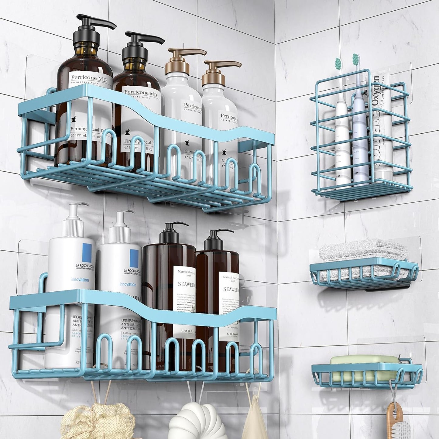EUDELE 5-Pack Rustproof Stainless Steel Shower Caddy – No Drill Adhesive Bathroom Organizer with Large Capacity, Spacious Shower Shelves for Inside Shower, Kitchen & Home Decor Storage
