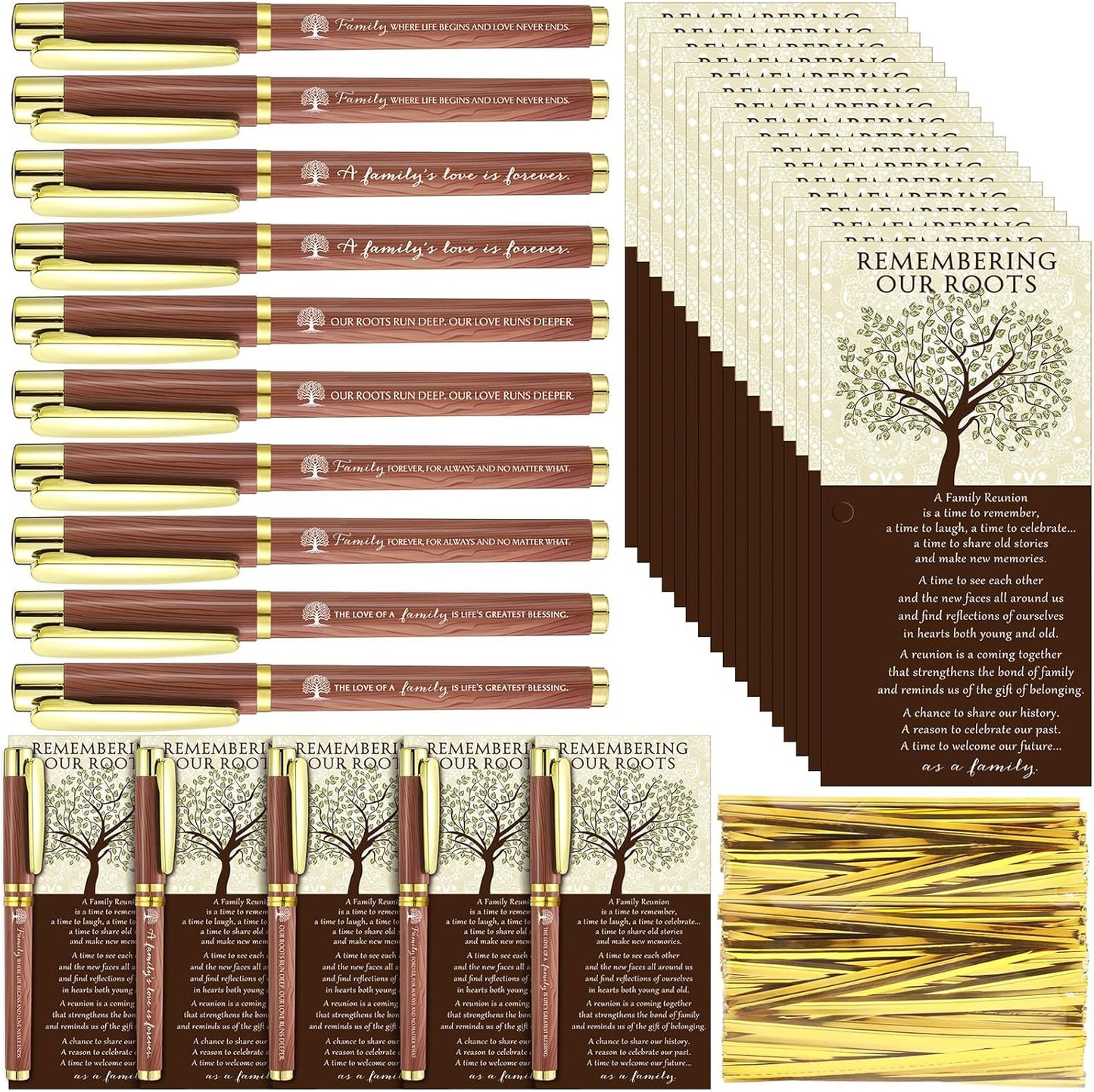 Sayglossy 60 Set Family Reunion Favors Gift Include 5 Styles Ballpoint Pens with Remembering Our Roots Gift Cards and Ties for Gathering Reunion Theme Party Decorations