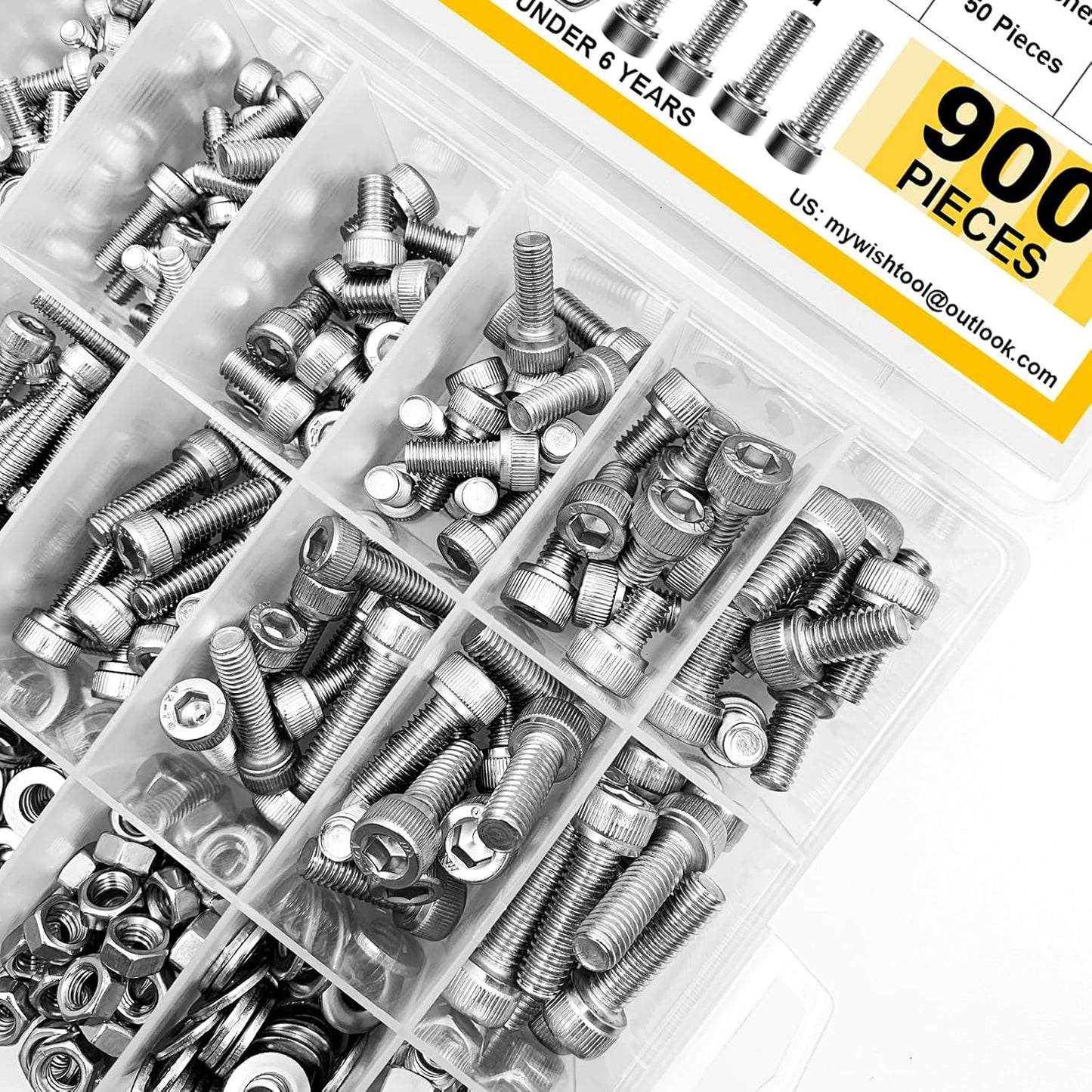 Mywish 900Pcs Metric Screw Assortment, M3 M4 M5 M6 Screw Assortment Kit 304 Stainless Steel Hex Socket Button Head Socket Cap Metric Screws Bolts & Flat Washers/Nuts/Hex Wrenches 16 Sizes 8MM to 20MM