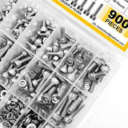 Mywish 900Pcs Metric Screw Assortment, M3 M4 M5 M6 Screw Assortment Kit 304 Stainless Steel Hex Socket Button Head Socket Cap Metric Screws Bolts & Flat Washers/Nuts/Hex Wrenches 16 Sizes 8MM to 20MM