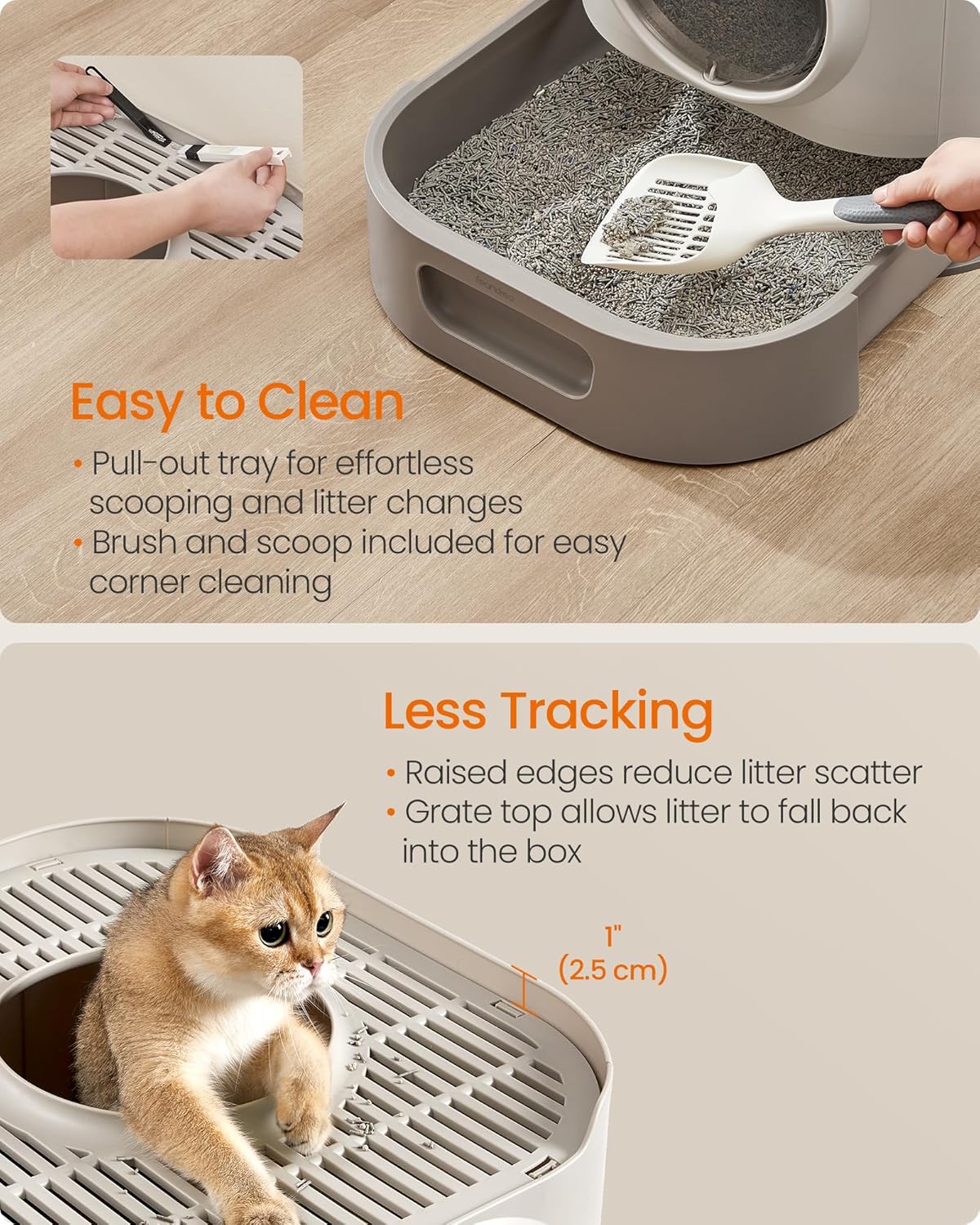 Feandrea Cat Litter Box with Lid, XL Enclosed Litter Box with Slide-Out Tray, Scoop, Brush, for Large Cat, Anti-Tracking, Anti-Leaking, Dove Gray and Slat Gray UPPT002B01