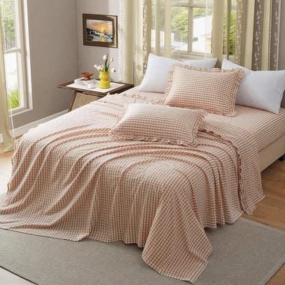 KKJIAF 3 Pieces Plaid Ruffle Twin Bed Sheets, Gingham Twin Sheet Set Comfy Breathable Ruffed Bed Sheet Set with 16 Inch Deep Pocket, Dusty Blue