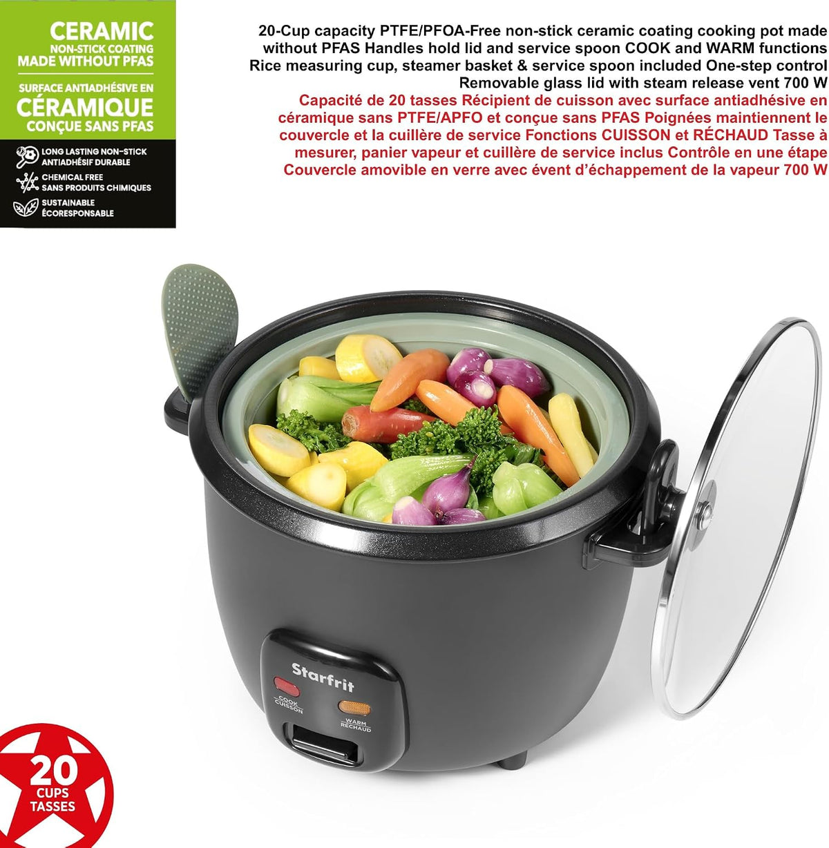 Starfrit Electric Rice Cooker, 20 Cups, PFAS-Free Ceramic, 700W, Grey