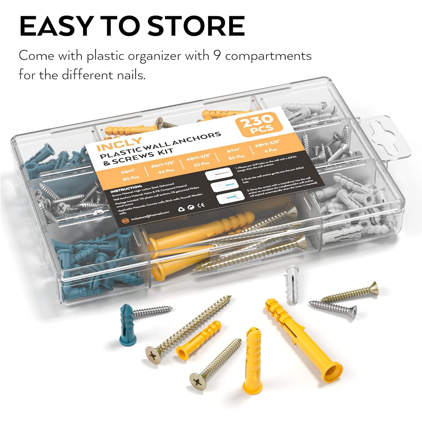 INCLY 230 PCS Drywall Anchors and Screws Assortment Kit,115 Plastic Self Drilling Wall Anchors for Drywall and 115 Flat Head Screw,5 Sizes Heavy Duty Galvanized Screw and Wall Plug Bolts with Box