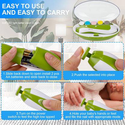 Tinabless Baby Nail Trimmer Electric - Safe Baby Nail File Clippers Set with LED Light, 6 Grinding Heads Kit for Newborn Infant Toddler Toes Care, Polish and Trim(Green)