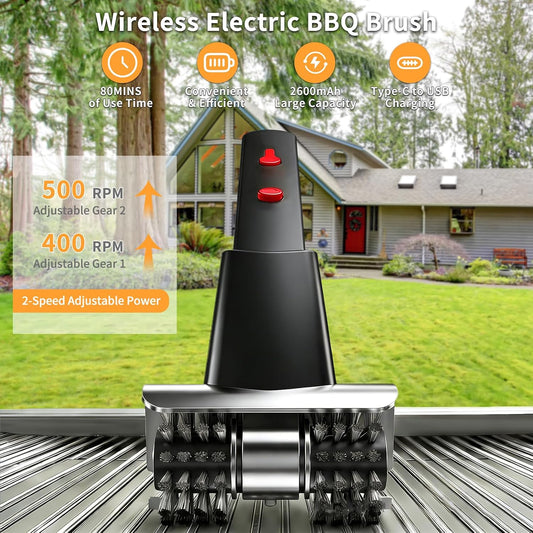 Cordless Electric Grill Brush for Outdoor - Waterproof BBQ Grill Cleaner with Lights Water Spray - Grill Cleaning Brush for Burnt-On Grease&BBQ Grates, 90-Min Runtime, 2 Stainless Heads Refill