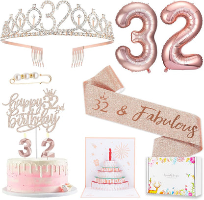8pcs 40th Birthday Decorations gifts for Women, Including 40th Happy Birthday Cake Topper, Queen Sash with Pearl Pin, Sweet Rhinestone Tiara Crown for Women, Number Candles and Balloons (Rose Gold)