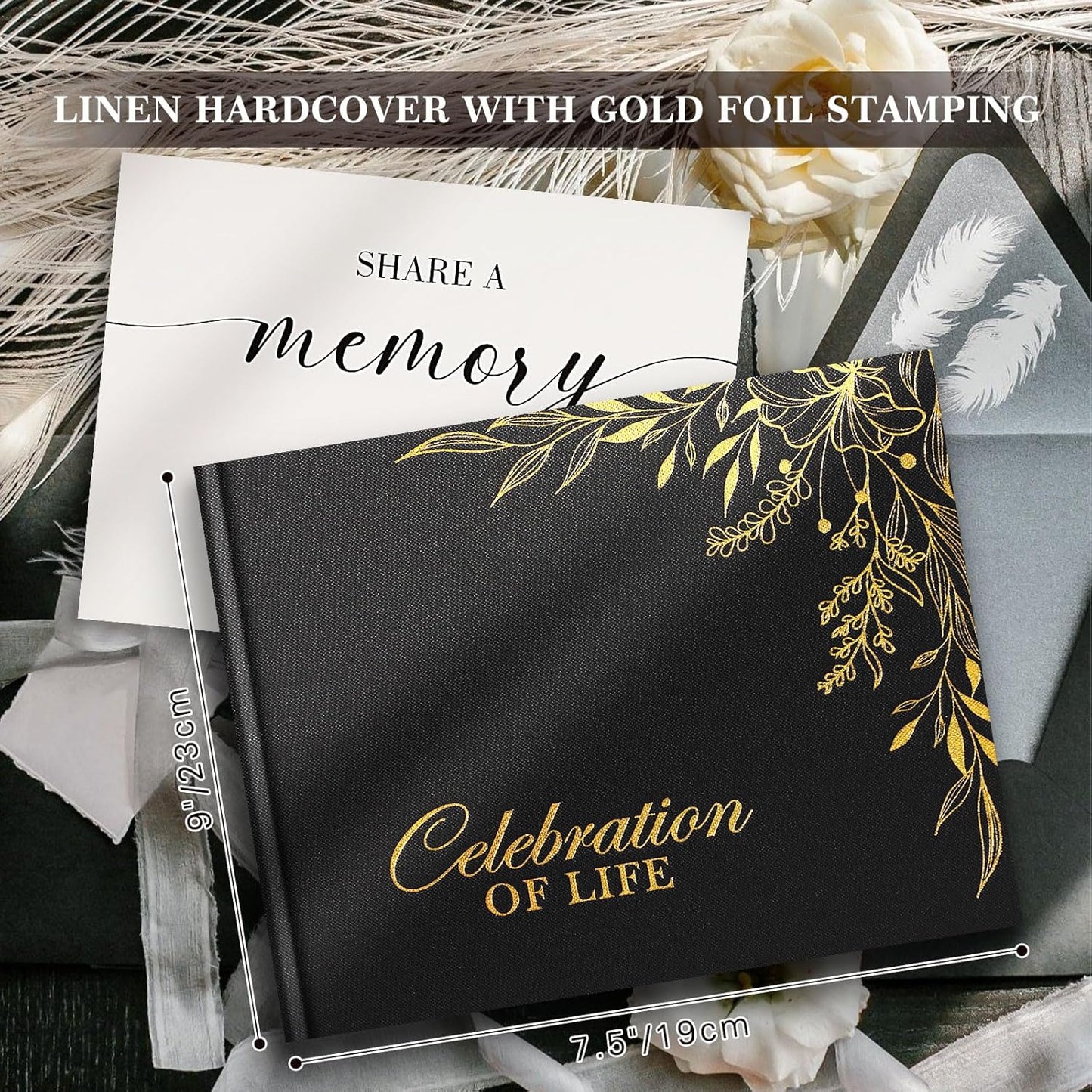 Lanpn Funeral Guest Book for Memorial Service, Linen in Loving Memory Registry Guest Book, Funeral Favors Sign in Books for Guests Celebration of Life Memory Book for Funeral with Table Sign, Black