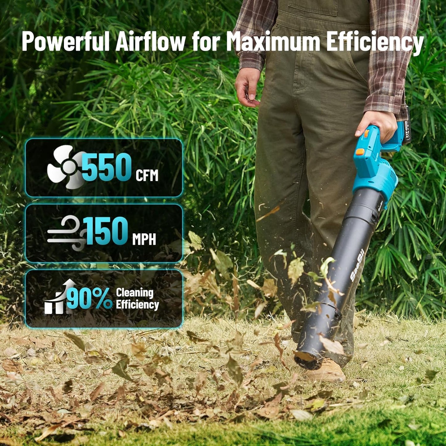 SeeSii Leaf Blower Cordless with 2 * 4.0Ah Batteries and Charger,5 Speed Mode Electric Rotatable Outdoor Blower for Lawn Care and Leaves Cleaning,Powerful and Lightweight for Yard, Patio,Garden,Grass
