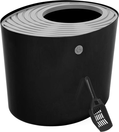 IRIS USA Top Entry Cat Litter Box with Scoop - Large - Stylish Enclosed Round Oval Kitty Dog Proof Box, Litiere Pour Chat Bac - White/Beige