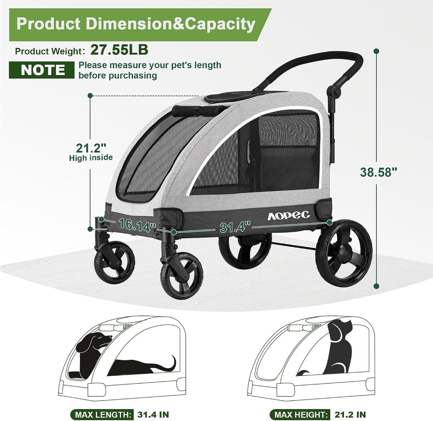 Large Dog Stroller - Dual Entry Safety Folding Pet Stroller with Adjustable Handle, All-Terrain 4-Wheel, 160 lbs Weight Capacity for Travel & Outdoor Adventures - Gray