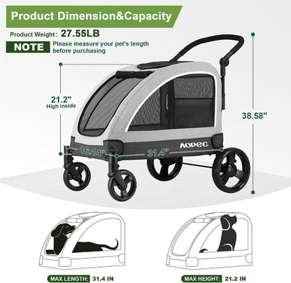 Large Dog Stroller - Dual Entry Safety Folding Pet Stroller with Adjustable Handle, All-Terrain 4-Wheel, 160 lbs Weight Capacity for Travel & Outdoor Adventures - Gray