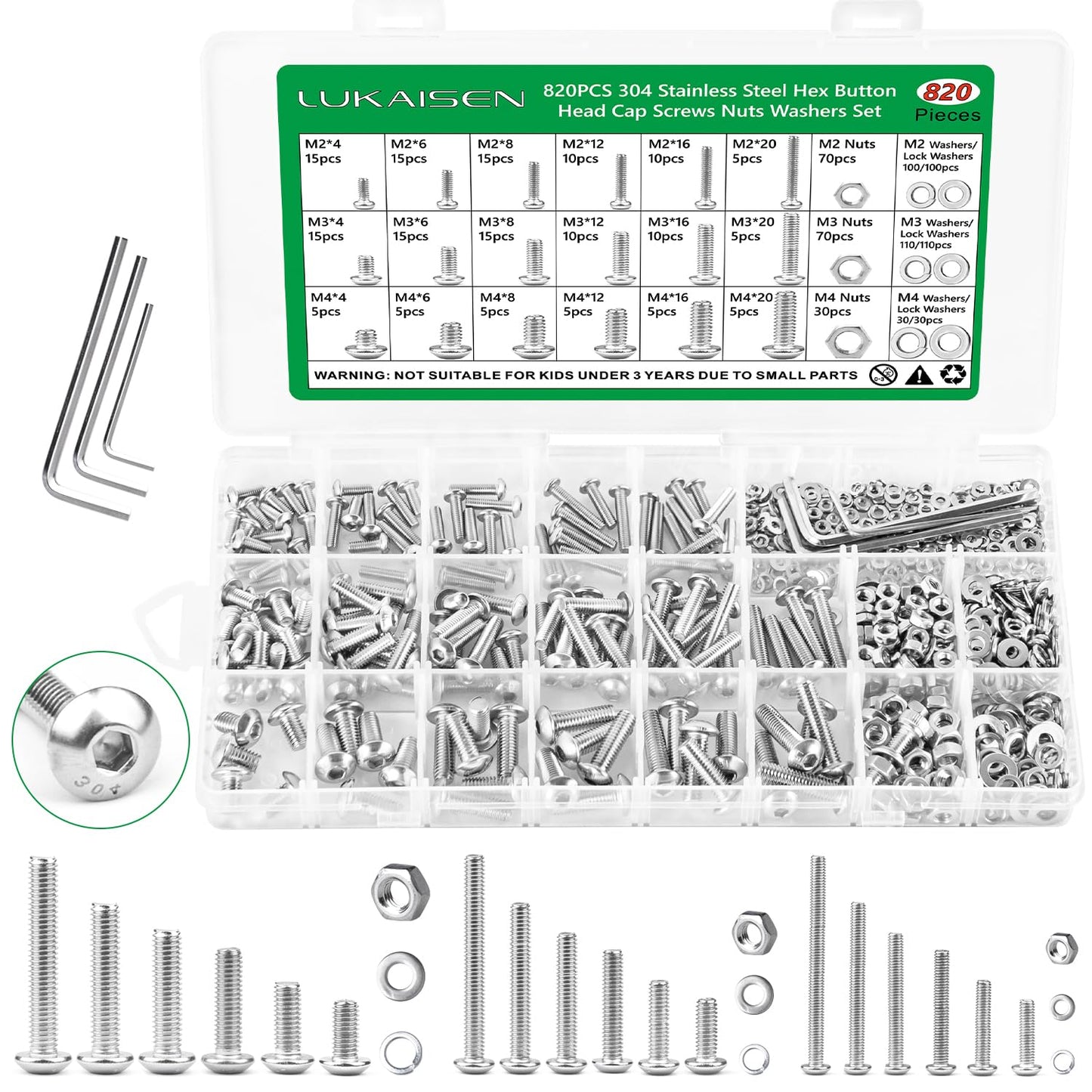 860PCS Metric Screw Assortment Kit, M2 M3 M4 M5 Machine Screws with Lock & Flat Washers, 10.9 Grade Alloy Steel, Metric Hex Button Head Cap Nuts and Bolts Assortment Kit with 4 Wrenches