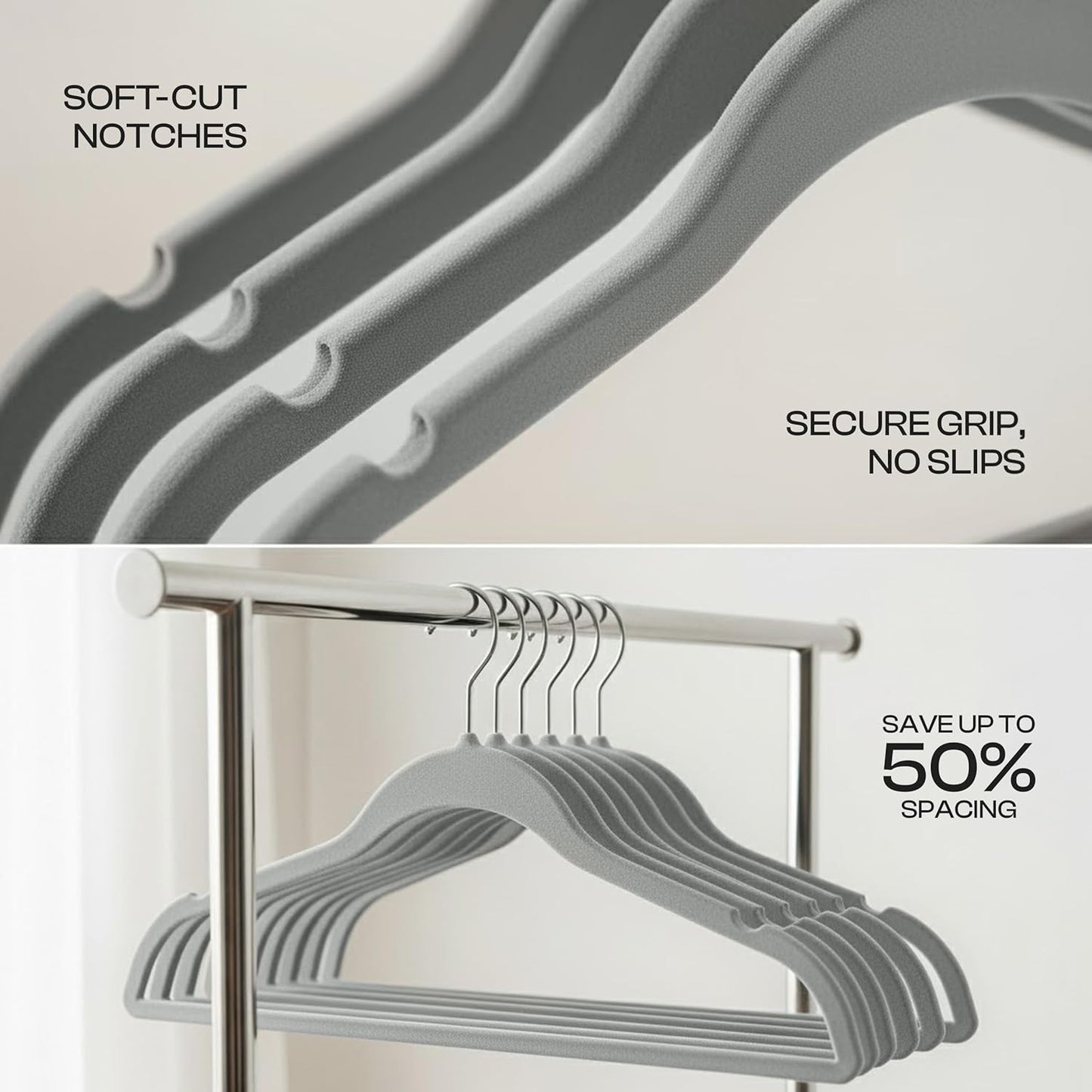 Utopia Home Velvet Hangers 50 Pack, Heavy Duty, Non-Slip, Space Saving Felt Clothes Hangers with 360° Hook & Notches (Grey)