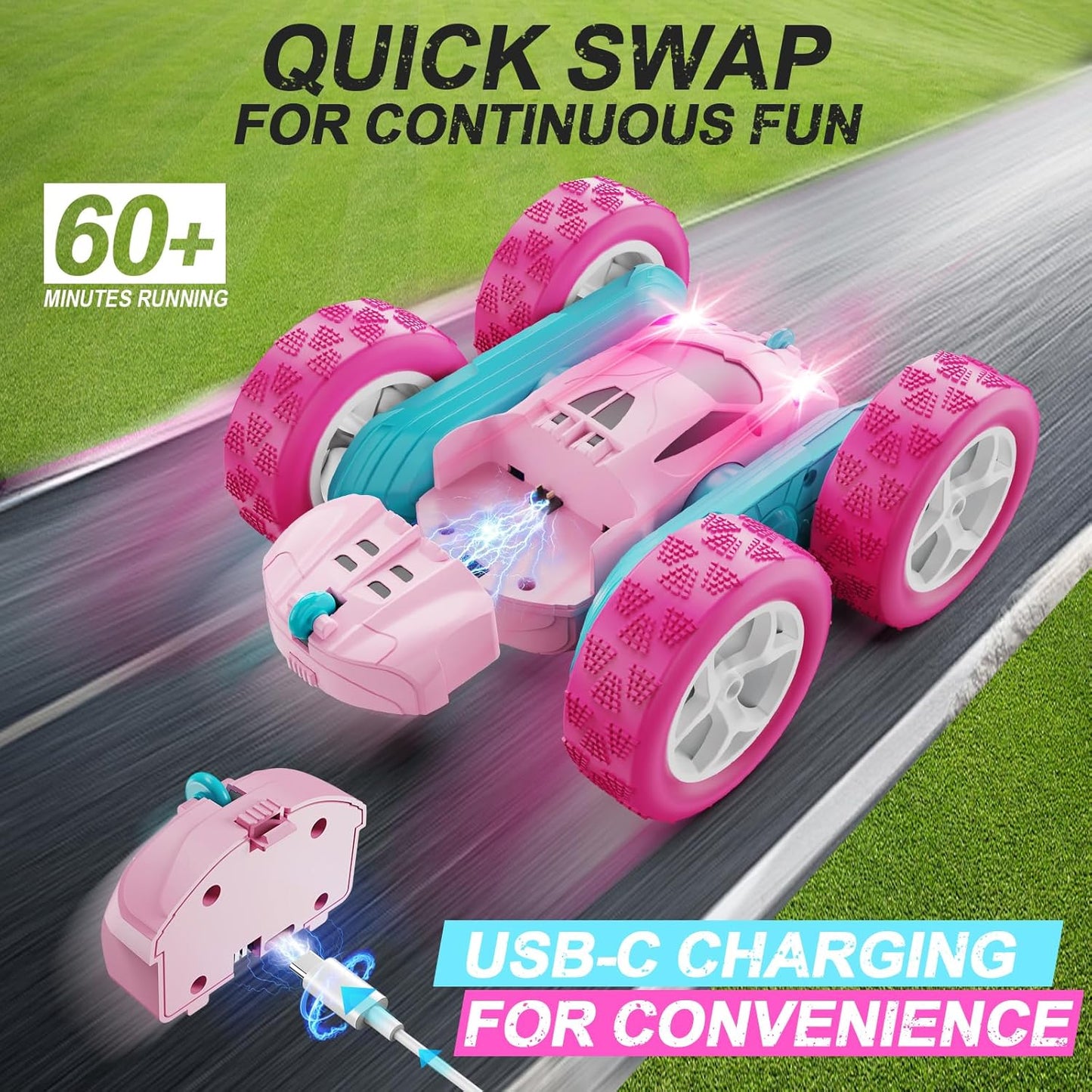 QUNREDA Remote Control Car for Kids Ages 6+, RC Cars Stunt Car Toy 4WD Double Sided 360° Rotating Remote Control with Headlights, Birthday Xmas Gifts for Boys 6 7 8 9 10 11 12 1-Blue