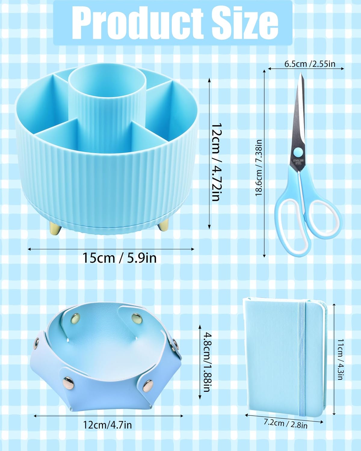 LXEVIHK Blue Desk Accessories, 20 Pieces Office Supplies, 360° Pen Holder Desk Organizer, Tape Dispenser, Stapler, Stapler Remover, Blue Color on Desktop
