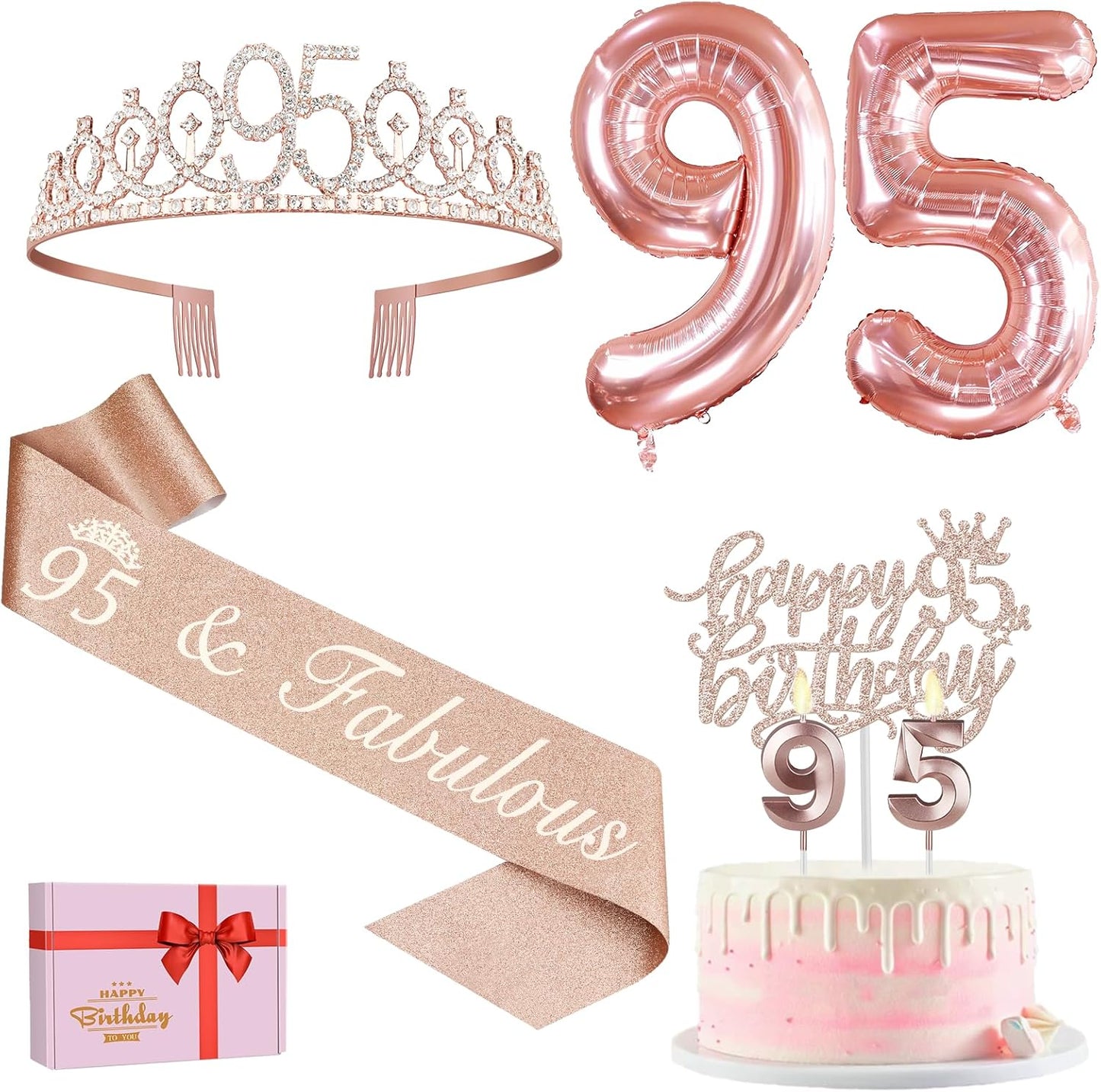 65th Birthday Decorations for Women, Including 65th Birthday Sash and Crown, Cake Topper and Candles, Number Balloons Rose Gold, 65 Year Old Gifts for Women