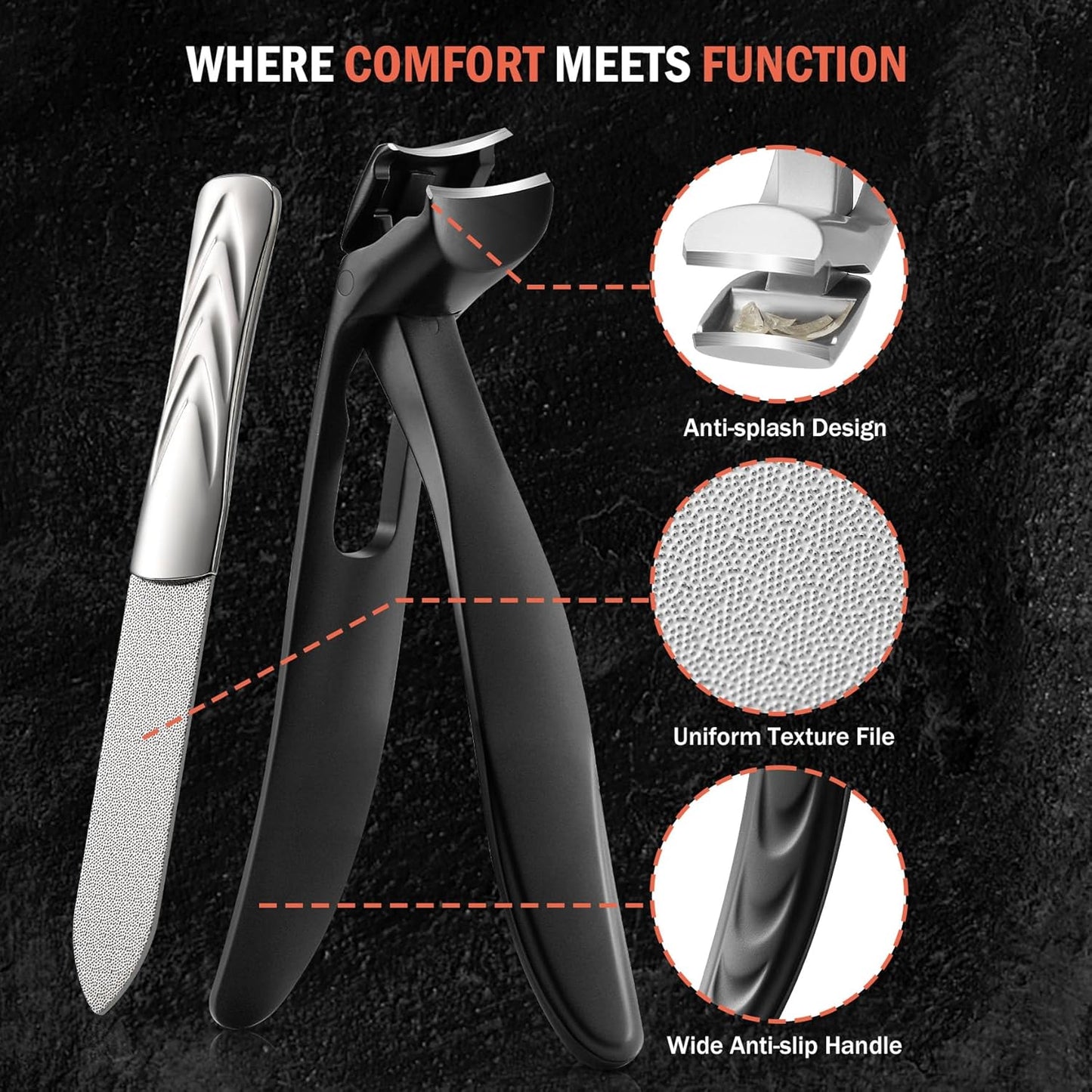 BEZOX Angled Head Nail Clippers for Seniors - Ergonomic Toenail Clipper for Thick Nails, Premium Steel Nail Cutter Trimmer with Catcher for Men and Women - Black
