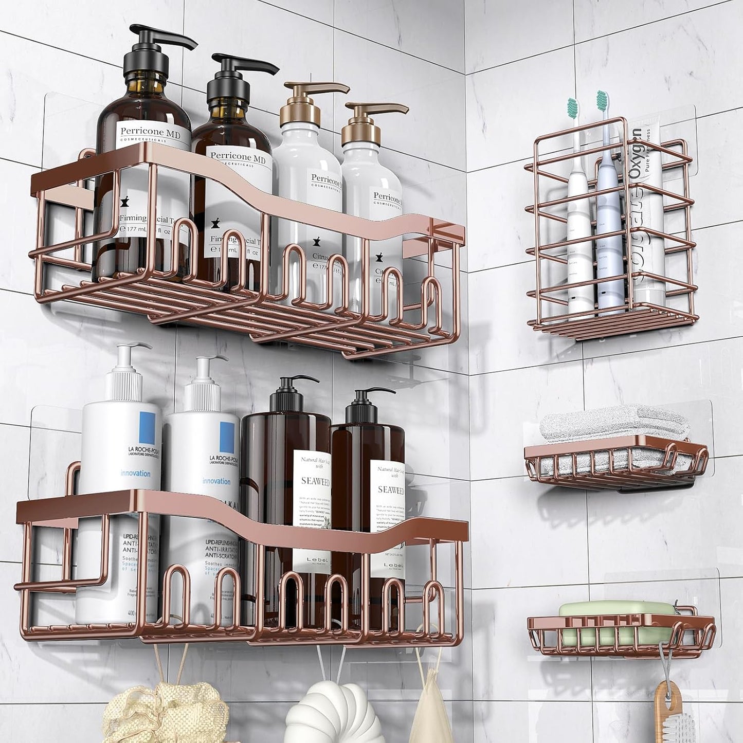 EUDELE 5-Pack Rustproof Stainless Steel Shower Caddy – No Drill Adhesive Bathroom Organizer with Large Capacity, Spacious Shower Shelves for Inside Shower, Kitchen & Home Decor Storage