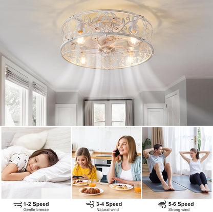 Garwarm Caged Low Profile Ceiling Fan with Lights and Remote, 20in Rustic Flush Mount Small Farmhouse Bladeless Ceiling Fan for Bedroom, Kitchen, Dining Room