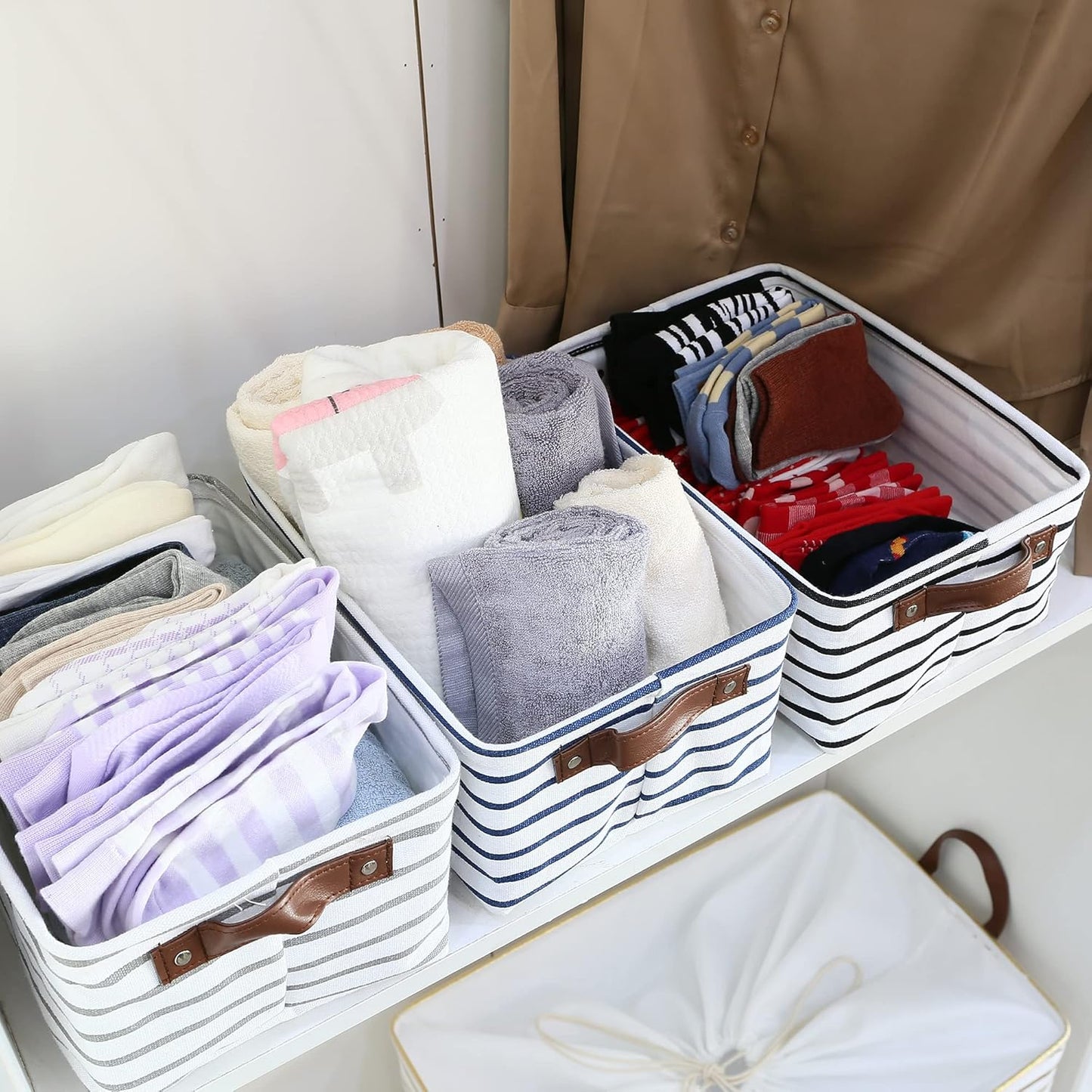 Hinwo 6-Pack Small Canvas Fabric Storage Baskets Set with Handles, Open Storage Bins, Cube Storage Organizer, Shelf Organizer Bins for Closet, 7.9L, 12 x 8 x 5 Inches, Grey Stripe