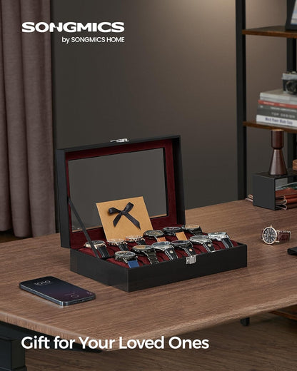 SONGMICS Watch Box, 6-Slot Watch Case, Watch Box Organizer, Black Synthetic Leather, Greenish Gray Lining UJWB06BK